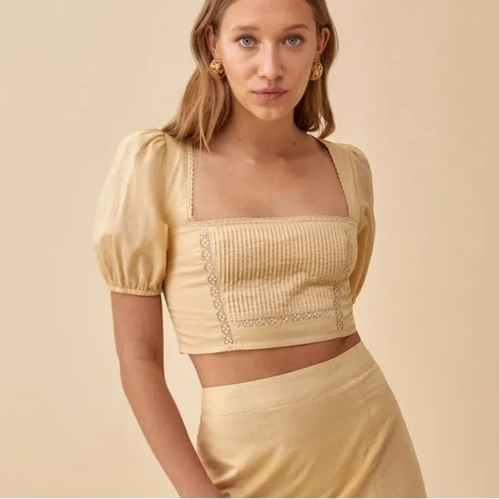 Reformation Cilantro Butter Yellow Puff Sleeve Square Neck Crop Size 2